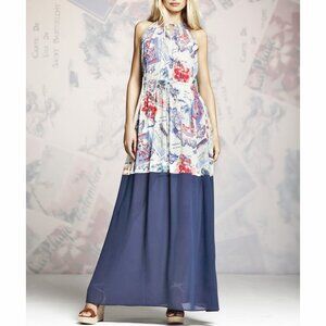 2/$20 EUC Peter Som Novelty Map Print Chiffon Maxi Dress White Blue XS